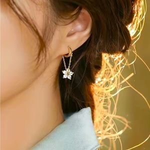 14k Gold Flower Dangle Huggie Hoop Earrings